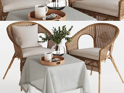 Wicker Outdoor Sofa with Cushions and Side Table Featuring Tray Cup and Green Plant 3d model