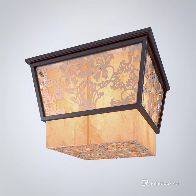 Decorative Square Ceiling Light With Dark Frame And Floral Pattern Beige Shade 3d model 