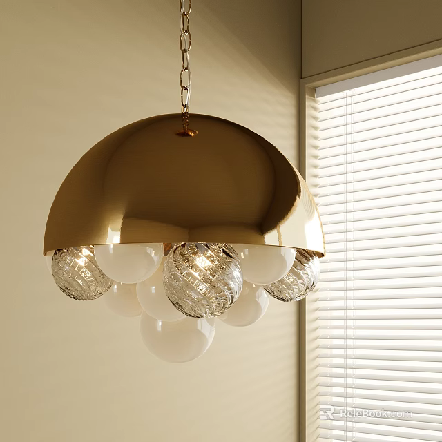 Gold Metal Shade Chandelier with Textured Clear Spherical Globes Near Window Blinds 3d model 