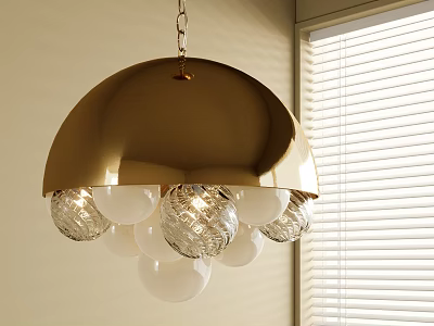 Gold Metal Shade Chandelier with Textured Clear Spherical Globes Near Window Blinds 3d model