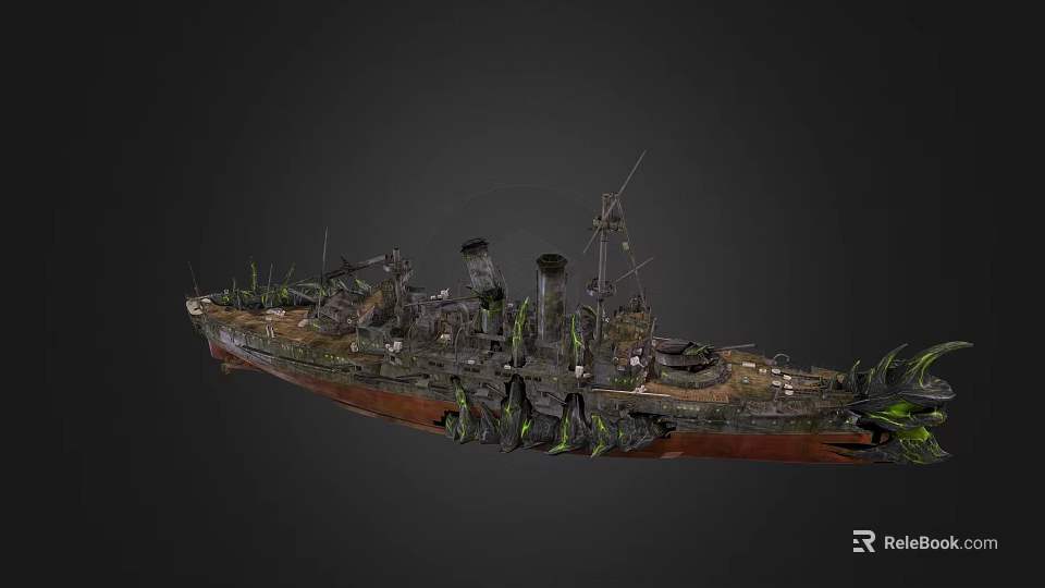 Rusted Wooden Ship With Red Hull Green Vegetation Chimneys And Masts 3d model 