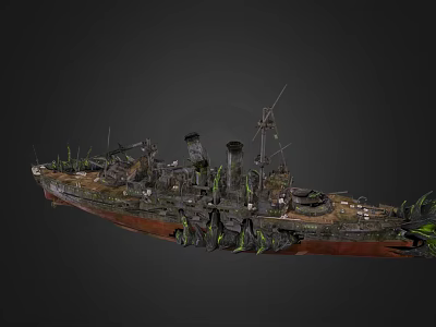 Rusted Wooden Ship With Red Hull Green Vegetation Chimneys And Masts 3d model