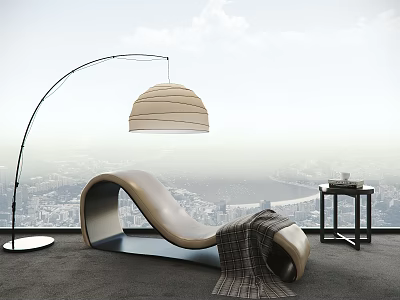 Modern Curved Lounge Chair With Arc Floor Lamp And City View Background 3d model