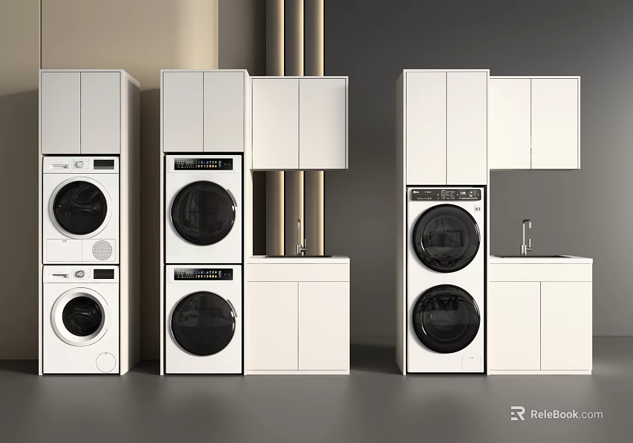 Modern Washing Machine Design With Stacked Units And White Cabinets 3d model
