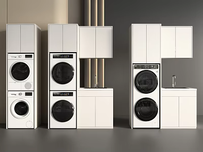 Modern Washing Machine Design With Stacked Units And White Cabinets 3d model