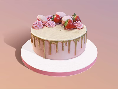 Delicious Cake Decorated With Fresh Strawberries Macarons Pink Roses Creamy Frosting And Dripping Gold Sauce 3d model