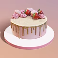Delicious Cake Decorated With Fresh Strawberries Macarons Pink Roses Creamy Frosting And Dripping Gold Sauce