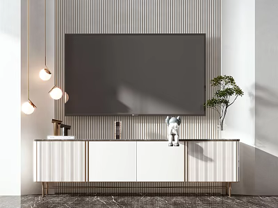 Modern White TV Stand Featuring Wall Mounted TV Decorative Stripes Pendant Lights And Potted Plant 3d model