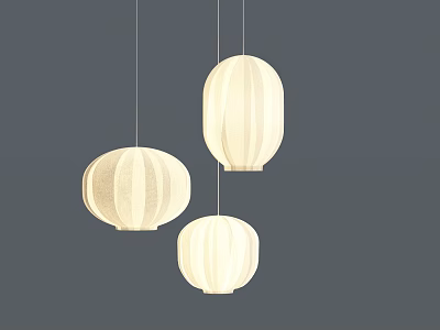 Three Modern Lantern Shaped White Fabric Hanging Pendant Lights For Interior 3d model