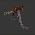 Brown Metallic Machine Gun With Coiled Ammunition Belt And Tactical Design