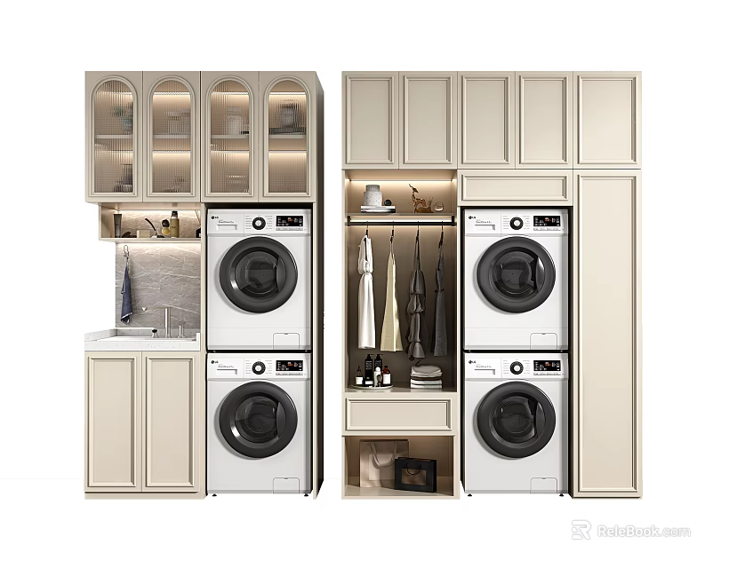 Bathroom Cabinetry With Stacked Washing Machines Dryers and Cream Storage Cabinets 3d model 