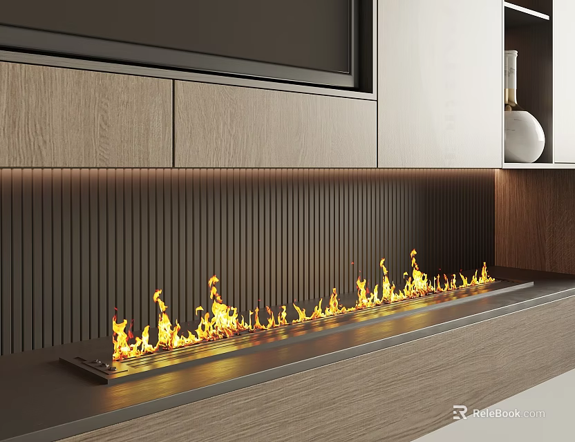 Modern Linear Fireplace Design With Wooden Cabinets And TV Above Burning Flames 3d model 