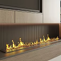 Modern Linear Fireplace Design With Wooden Cabinets And TV Above Burning Flames
