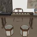 Traditional Tea Room Interior With Wooden Table Stools Stone Wall And Hanging Painting
