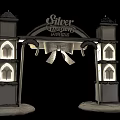 Silver Christmas Event Archway with Snowy Towers Bow and Red White Stripes