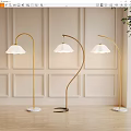 Modern Golden Floor Lamps With White Shades And Marble Bases In Decorative Wall Interior