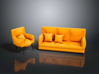 Vibrant Orange Sofa Set Including Double Sofa Single Armchair And Plush Cushions 3d model