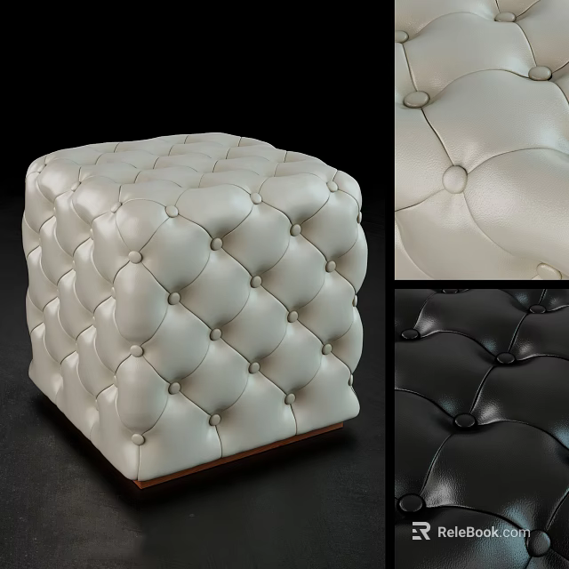 Button Tufted Leather Sofa Stool in Cream and Black with Classic Design Details 3d model 