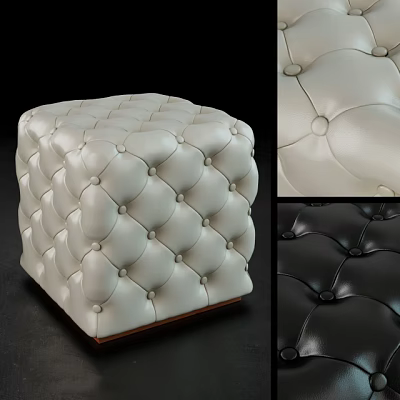 Button Tufted Leather Sofa Stool in Cream and Black with Classic Design Details 3d model