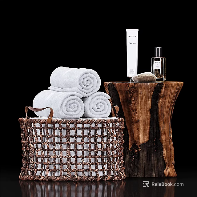 White Rolled Towels in Wicker Basket with Wooden Stump Table and Skincare Products 3d model 