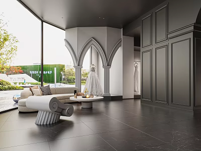 Modern Bridal Shop Interior With Arched Doorway Large Windows And Displayed Wedding Dresses 3d model