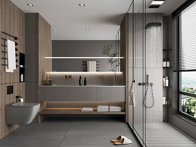 Modern Bathroom Interior Design With Wooden Elements Gray Tones Glass Shower And Mirrored Vanity 3d model