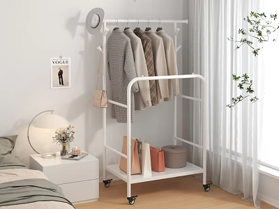 White Mobile Clothes Rack With Wheels Coats Hats Bags And Storage Boxes In Bedroom Setting 3d model
