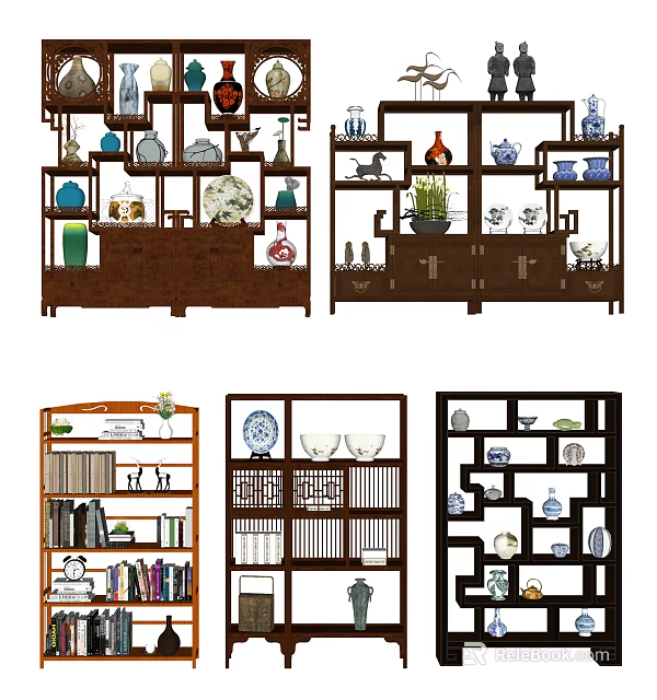 Traditional Chinese Antique Display Shelves With Porcelain Vases Books And Decorative Items 3d model 