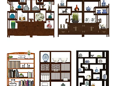 Traditional Chinese Antique Display Shelves With Porcelain Vases Books And Decorative Items 3d model