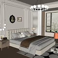 Elegant Modern Bedroom Interior With Upholstered Bed Pillows Chandelier Windows Chair And Area Rug