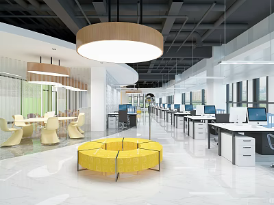 Open Public Office Space with Yellow Round Sofa Computers Hanging Lamps Large Windows White Desks 3d model
