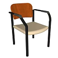 Modern Leisure Chair With Wooden Perforated Backrest Black Metal Armrests And Light Gray Padded Seat