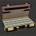 Open Black Suitcase Filled with Stacked US Dollar Bills Featuring Golden Locks and Handle