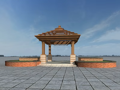 Traditional Wooden Pavilion On Stone Pavement With Red Brick Low Walls And Blue Sky 3d model