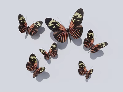 Vibrant Butterflies With Black Red And Yellow Wing Patterns On Light Gray Background 3d model