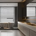 Modern Gray Bathroom Interior Design With Bathtub Vanity Mirror Blinds And Tiled Floor