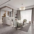 Modern Living and Dining Room Interior with Sofa Coffee Table Dining Set Chandelier and Plants
