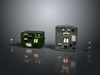 Various Designed Equipment Cases With Green And Metallic Exteriors And Small Interface Components 3d model