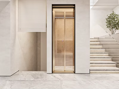 Modern Elevator With Glass Door Near Staircase On Marble Floor And White Walls 3d model