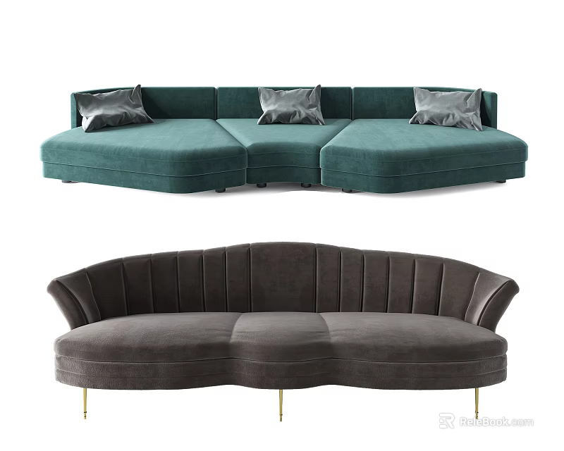 Elegant Irregular Sofa Interior With Green Modular And Gray Curved Golden Legs 3d model 