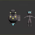 Artistic Mechanical Device and Cartoon Character Sculptures with Goggles and Spacesuit Like Outfit
