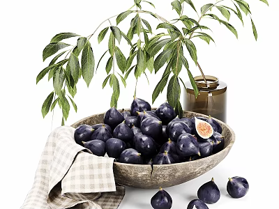 Decorative Ornament Set With Bowl Of Figs Checkered Cloth And Glass Jar With Green Leaves 3d model