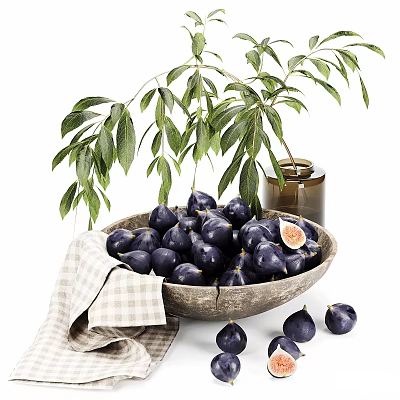 Decorative Ornament Set With Bowl Of Figs Checkered Cloth And Glass Jar With Green Leaves 3d model