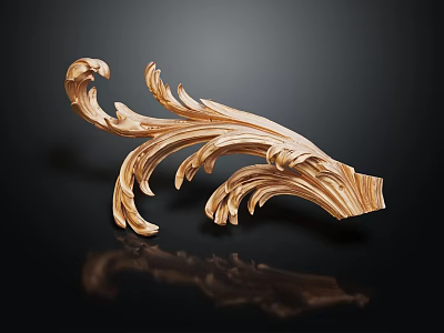 Elegant Intricate Golden Wooden Carving With Scrolls And Leaves Design 3d model