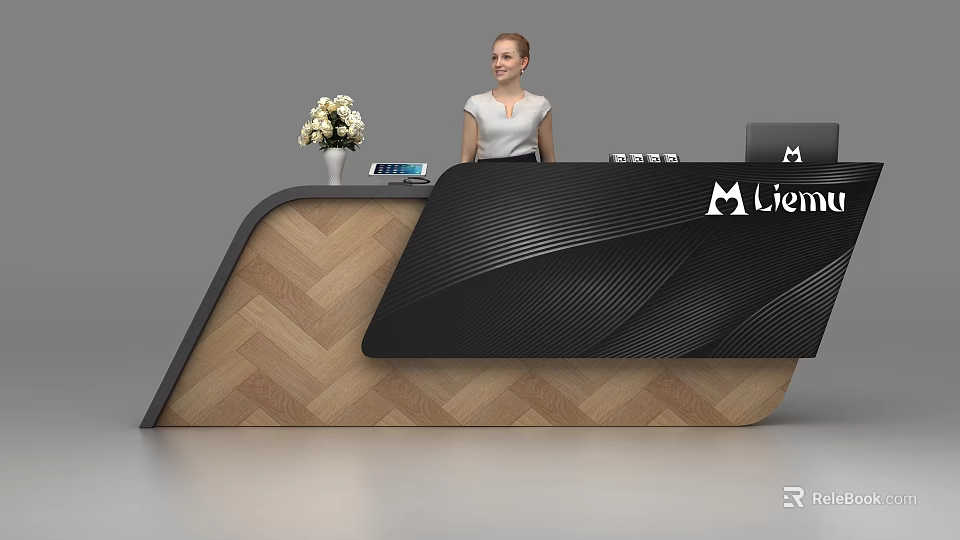 Modern Reception Desk Featuring Wooden Herringbone Black Panel Flower Vase Tablet Receptionist and Mentor Logo 3d model 
