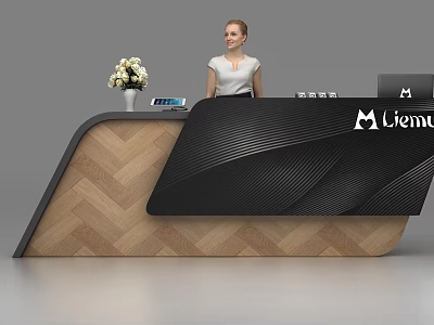 Modern Reception Desk Featuring Wooden Herringbone Black Panel Flower Vase Tablet Receptionist and Mentor Logo 3d model