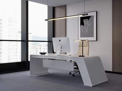 Modern White Office Desk With iMac Computer Desk Lamp And Large Window City View 3d model