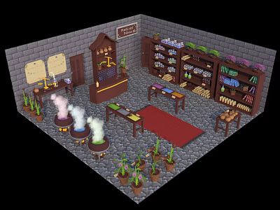 Cartoon Magic Laboratory Scene With Stone Walls Bookshelves Distillers And Potted Plants 3d model