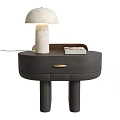 Modern Dark Wood Bedside Table With Rounded Design Golden Handles And Marble Dome Lamp