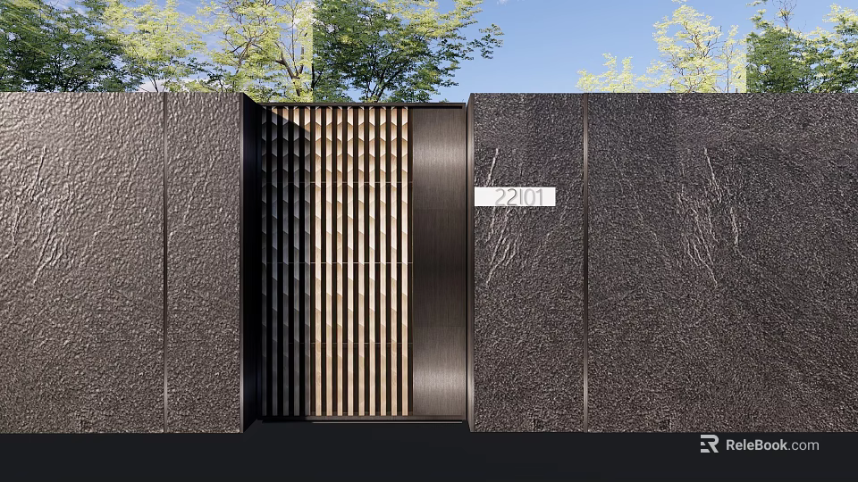 Building Exterior Wall Featuring Black Textured Vertical Slat Gate 2911 Number Green Trees Blue Sky 3d model 